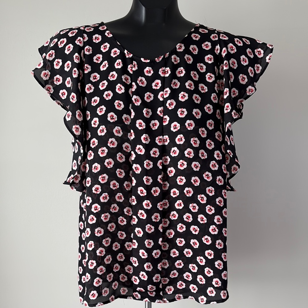 Elle Black and Red Floral Ruffle Blouse